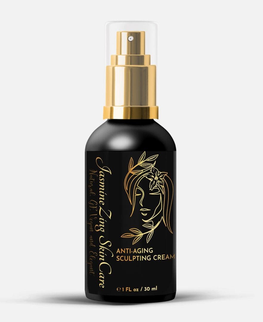 A bottle of anti aging facial cream with gold foil.