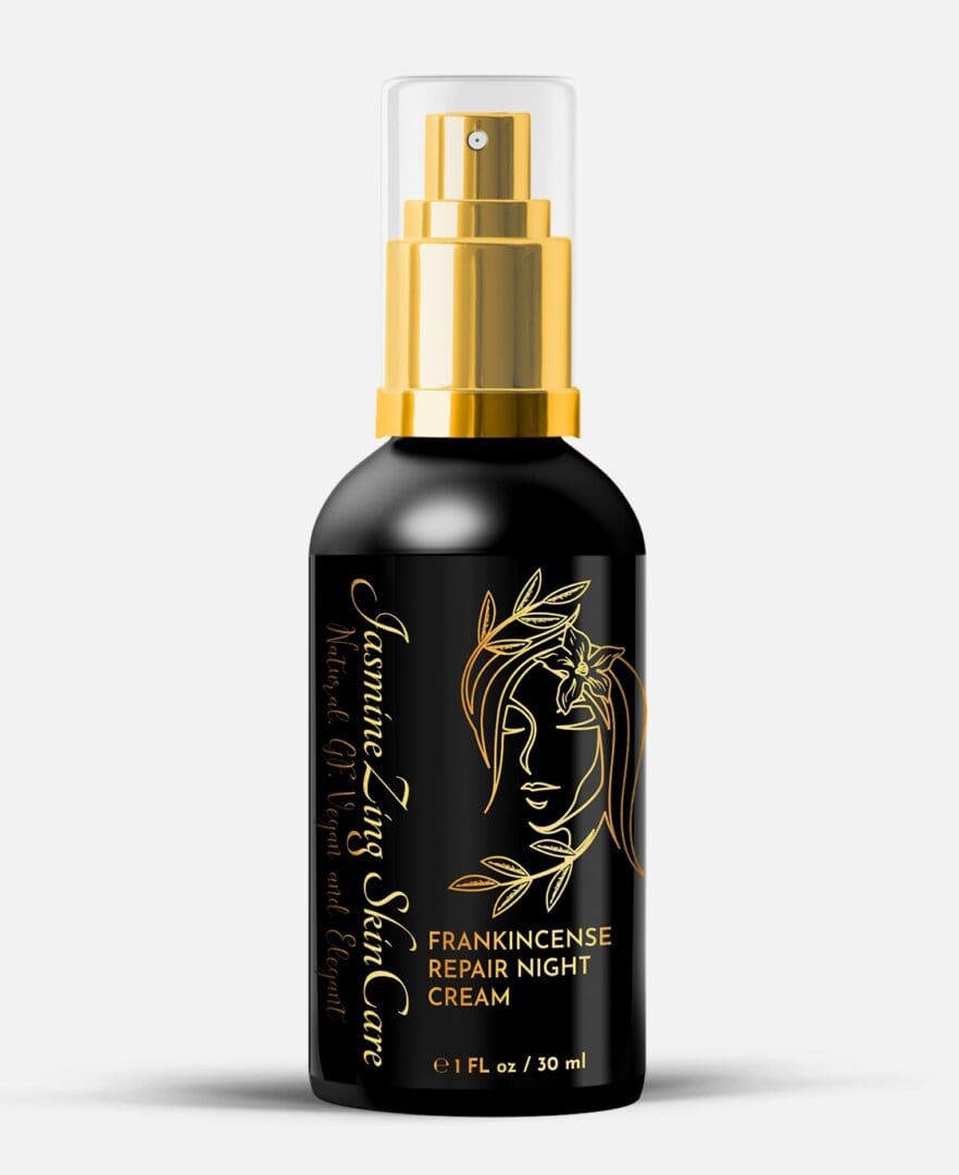 A bottle of hair serum with gold label.