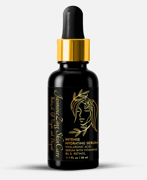 A bottle of intense hydrating serum with gold label.